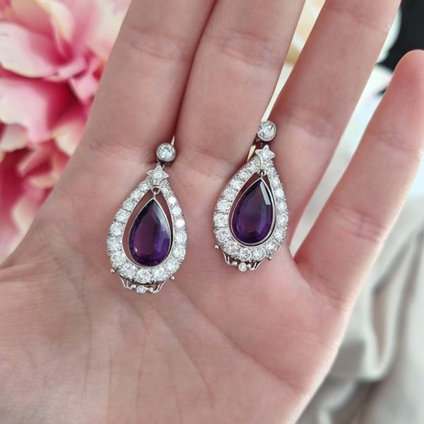 Antique 6.40ct Pear Cut Amethyst and 2ct Old Cut Diamond Cluster Drop Earrings in Platinum