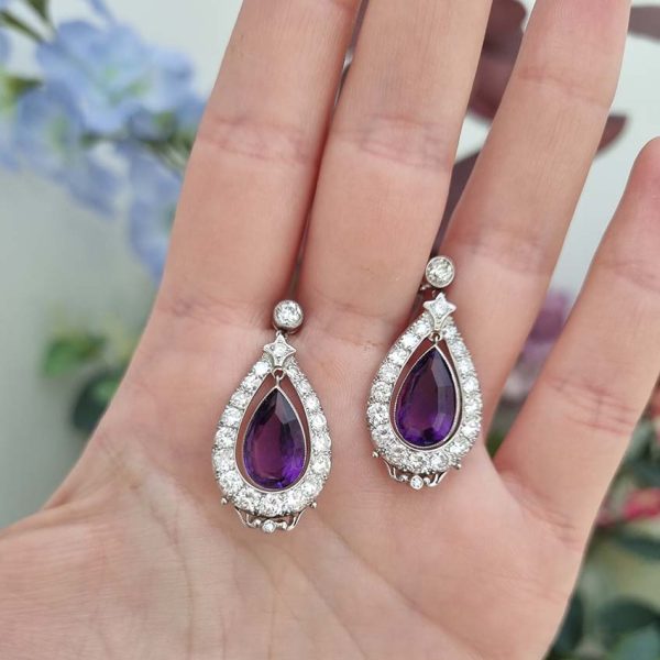 Antique 6.40ct Pear Cut Amethyst and 2ct Old Cut Diamond Cluster Drop Earrings in Platinum