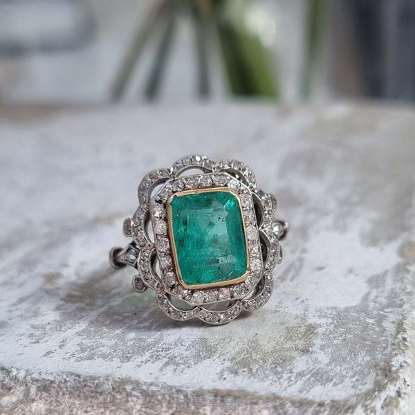GIA Certified Colombian Emerald and Diamond Cluster Dress Ring, 2.78ct Colombian emerald with diamond surround in 18ct gold and platinum, GIA certificate 5231332834