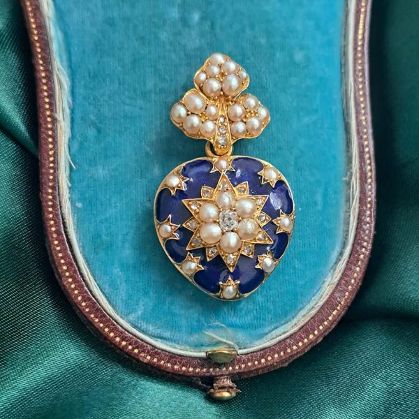 Victorian Antique Blue Enamel Pearl and Diamond Heart Locket Pendant, yellow gold heart shaped pendant with locket compartment to reverse