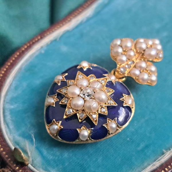 Victorian Antique Blue Enamel Pearl and Diamond Heart Locket Pendant, yellow gold heart shaped pendant with locket compartment to reverse