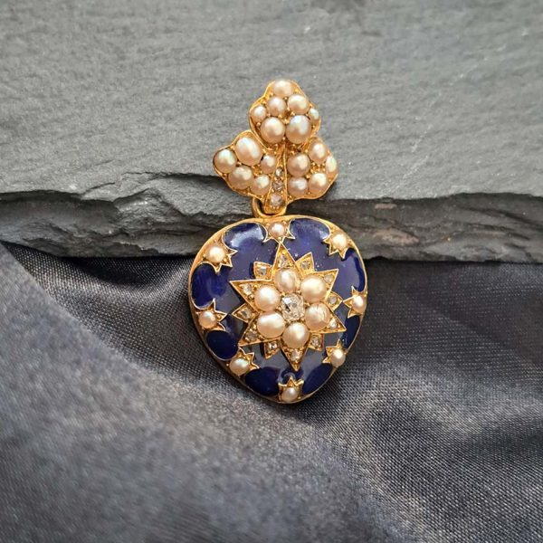 Victorian Antique Blue Enamel Pearl and Diamond Heart Locket Pendant, yellow gold heart shaped pendant with locket compartment to reverse
