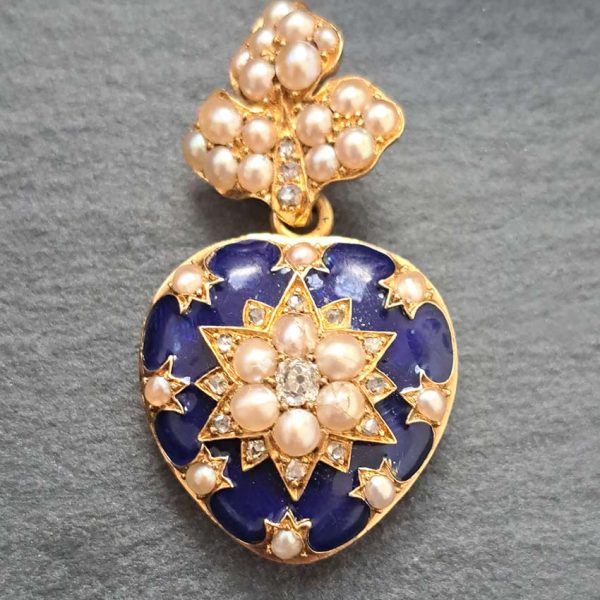 Victorian Antique Blue Enamel Pearl and Diamond Heart Locket Pendant, yellow gold heart shaped pendant with locket compartment to reverse