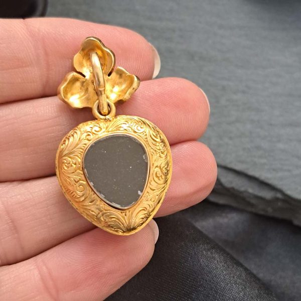 Victorian Antique Blue Enamel Pearl and Diamond Heart Locket Pendant, yellow gold heart shaped pendant with locket compartment to reverse