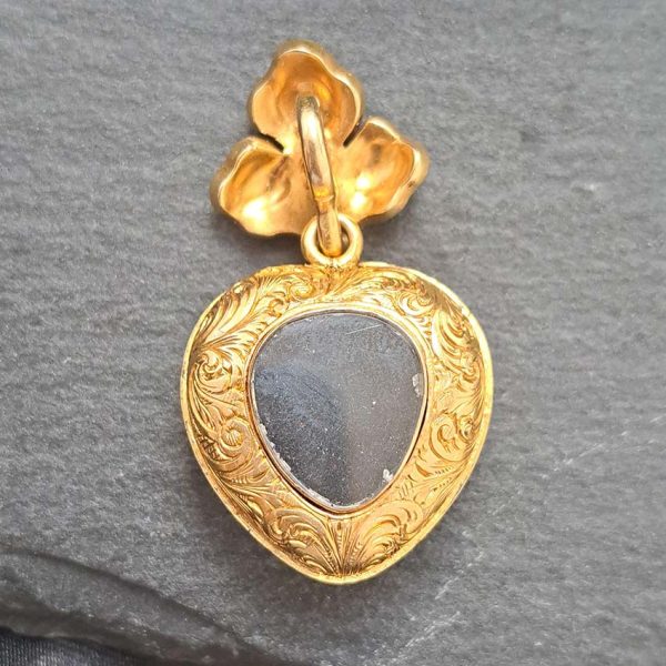 Victorian Antique Blue Enamel Pearl and Diamond Heart Locket Pendant, yellow gold heart shaped pendant with locket compartment to reverse