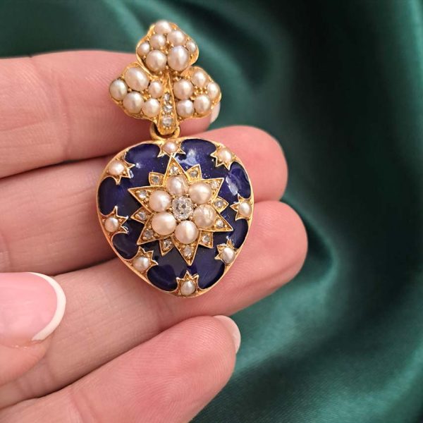 Victorian Antique Blue Enamel Pearl and Diamond Heart Locket Pendant, yellow gold heart shaped pendant with locket compartment to reverse