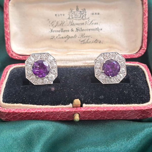 Antique French Amethyst and 2ct Old Cut Diamond Octagonal Cluster Clip On Earrings in 18ct White Gold