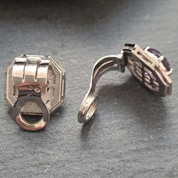 Antique French Amethyst and 2ct Old Cut Diamond Octagonal Cluster Clip On Earrings in 18ct White Gold