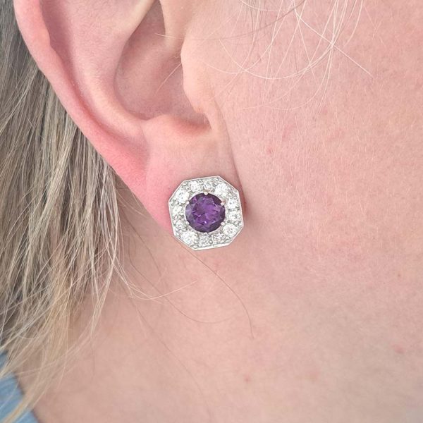 Antique French Amethyst and 2ct Old Cut Diamond Octagonal Cluster Clip On Earrings in 18ct White Gold