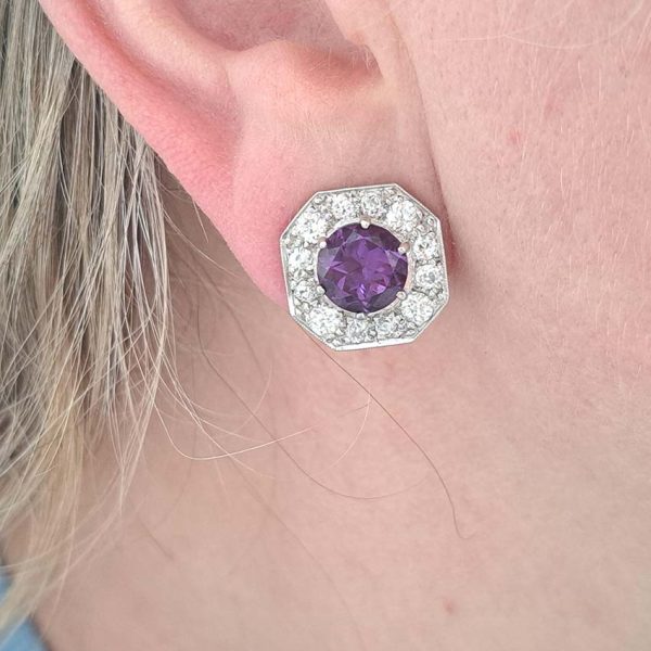 Antique French Amethyst and 2ct Old Cut Diamond Octagonal Cluster Clip On Earrings in 18ct White Gold