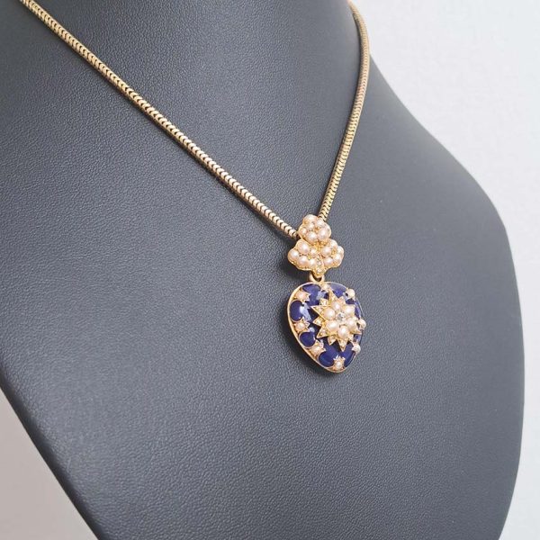 Victorian Antique Blue Enamel Pearl and Diamond Heart Locket Pendant, yellow gold heart shaped pendant with locket compartment to reverse