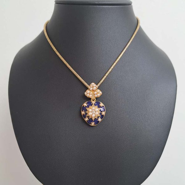 Victorian Antique Blue Enamel Pearl and Diamond Heart Locket Pendant, yellow gold heart shaped pendant with locket compartment to reverse