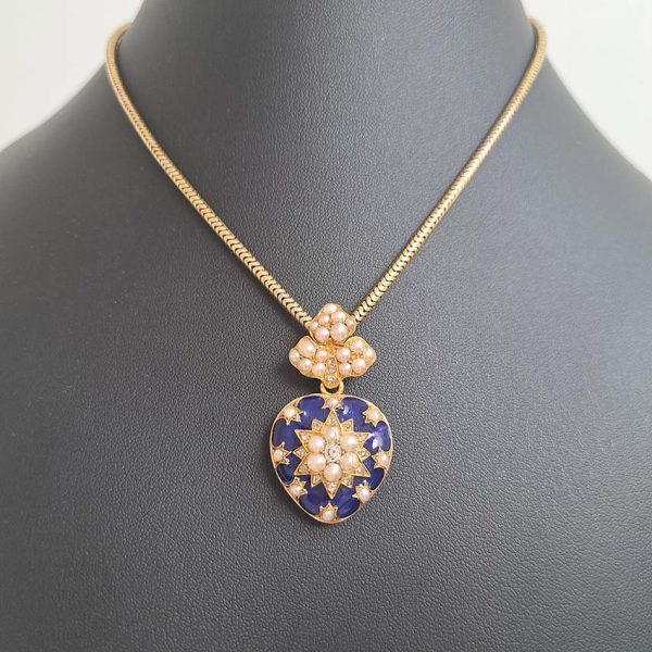 Victorian Antique Blue Enamel Pearl and Diamond Heart Locket Pendant, yellow gold heart shaped pendant with locket compartment to reverse