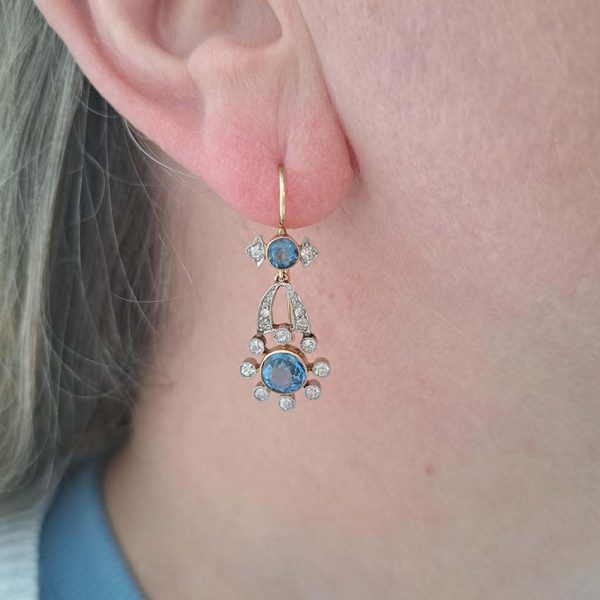 Edwardian Antique Aquamarine and Diamond Cluster Drop Earrings in platinum to 15ct yellow gold