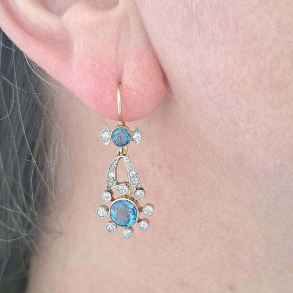 Edwardian Antique Aquamarine and Diamond Cluster Drop Earrings in platinum to 15ct yellow gold