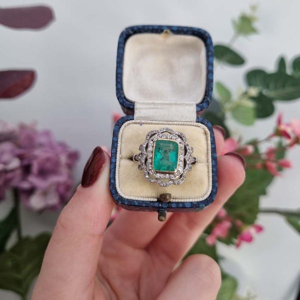 Vintage Art Deco Natural Colombian Emerald and Diamond Cluster Dress Ring