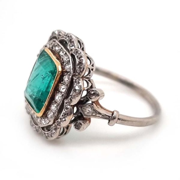 Antique Colombian Emerald and Diamond Cluster Dress Ring. 3 carats