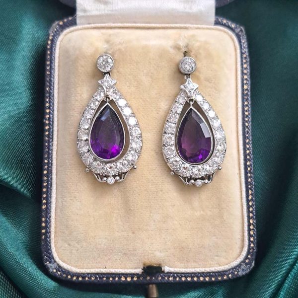 Antique 6.40ct Pear Cut Amethyst and 2ct Old Cut Diamond Cluster Drop Earrings in Platinum