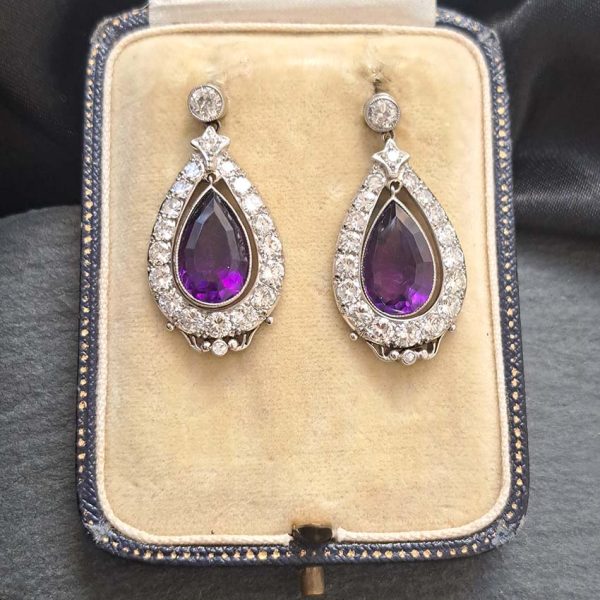 Antique 6.40ct Pear Cut Amethyst and 2ct Old Cut Diamond Cluster Drop Earrings in Platinum