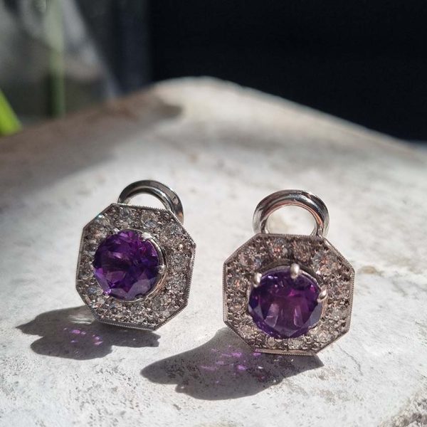 Antique French Amethyst and 2ct Old Cut Diamond Octagonal Cluster Clip On Earrings in 18ct White Gold