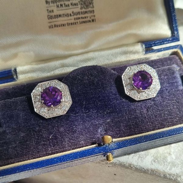 Antique French Amethyst and 2ct Old Cut Diamond Octagonal Cluster Clip On Earrings in 18ct White Gold