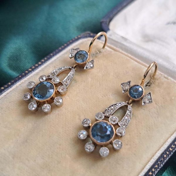 Edwardian Antique Aquamarine and Diamond Cluster Drop Earrings in platinum to 15ct yellow gold
