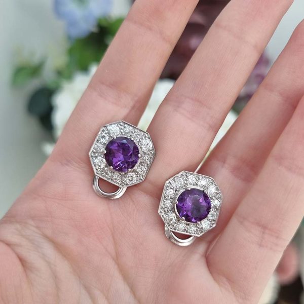 Antique French Amethyst and 2ct Old Cut Diamond Octagonal Cluster Clip On Earrings in 18ct White Gold