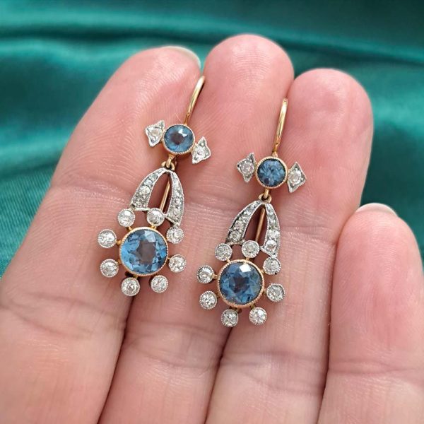 Edwardian Antique Aquamarine and Diamond Cluster Drop Earrings in platinum to 15ct yellow gold