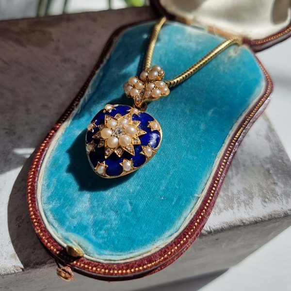 Victorian Antique Blue Enamel Pearl and Diamond Heart Locket Pendant, yellow gold heart shaped pendant with locket compartment to reverse
