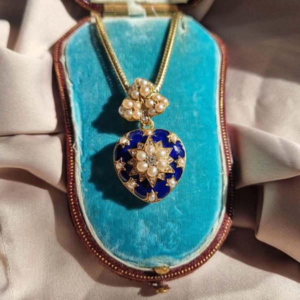 Victorian Antique Blue Enamel Pearl and Diamond Heart Locket Pendant, yellow gold heart shaped pendant with locket compartment to reverse