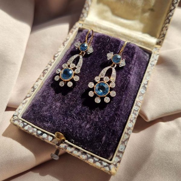 Edwardian Antique Aquamarine and Diamond Cluster Drop Earrings in platinum to 15ct yellow gold