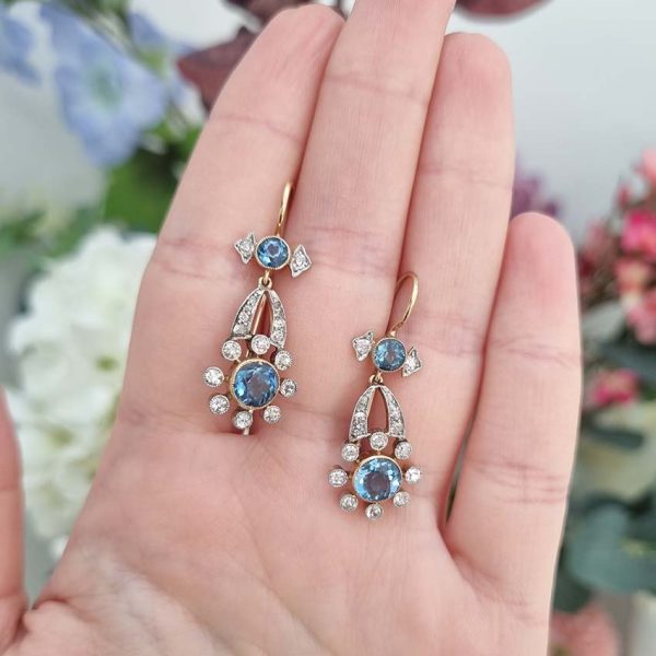 Edwardian Antique Aquamarine and Diamond Cluster Drop Earrings in platinum to 15ct yellow gold
