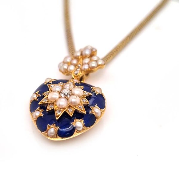 Victorian Antique Blue Enamel Pearl and Diamond Heart Locket Pendant, yellow gold heart shaped pendant with locket compartment to reverse