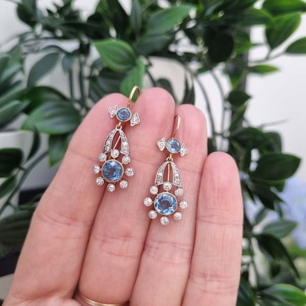 Edwardian Antique Aquamarine and Diamond Cluster Drop Earrings in platinum to 15ct yellow gold