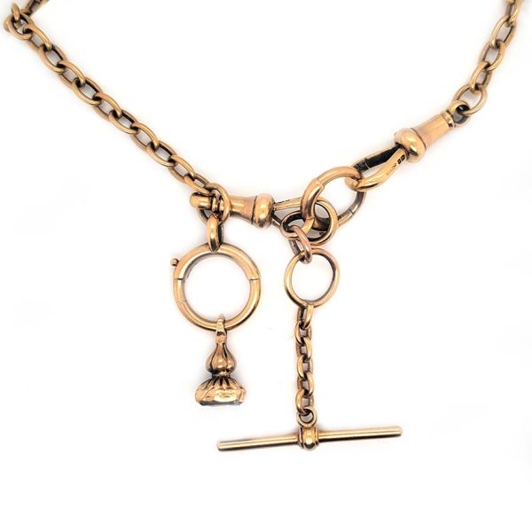 Antique 18ct Yellow Gold Albert Chain Necklace with T Bar, oval links chain with double lobster clasps with jump ring, T/Bar and seal pendant drops
