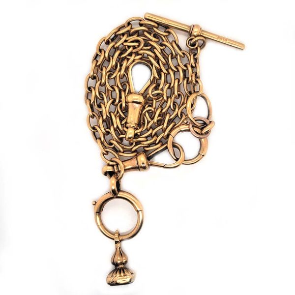 Antique 18ct Yellow Gold Albert Chain Necklace with T Bar, oval links chain with double lobster clasps with jump ring, T/Bar and seal pendant drops