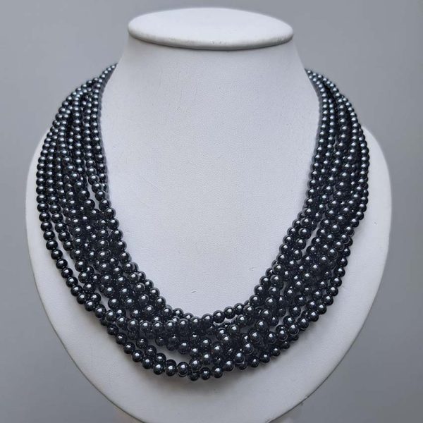 Pre Owned Tiffany and Co Hematite Bead Necklace, eight strands of rich hematite beads leading to a twisted silver hoop and T-bar clasp in Tiffany & Co pouch