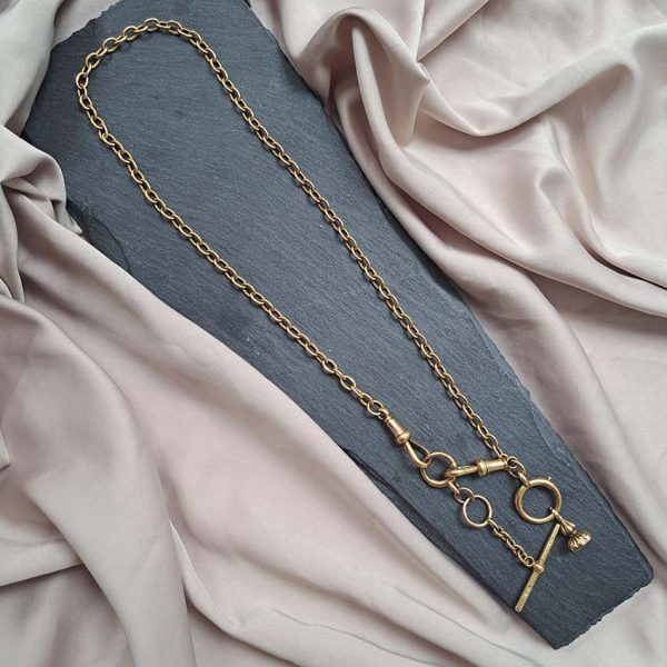 Antique 18ct Yellow Gold Albert Chain Necklace with T Bar, oval links chain with double lobster clasps with jump ring, T/Bar and seal pendant drops