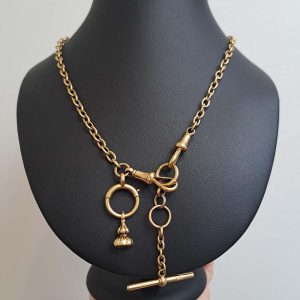 Antique 18ct Yellow Gold Albert Chain Necklace with T Bar, oval links chain with double lobster clasps with jump ring, T/Bar and seal pendant drops