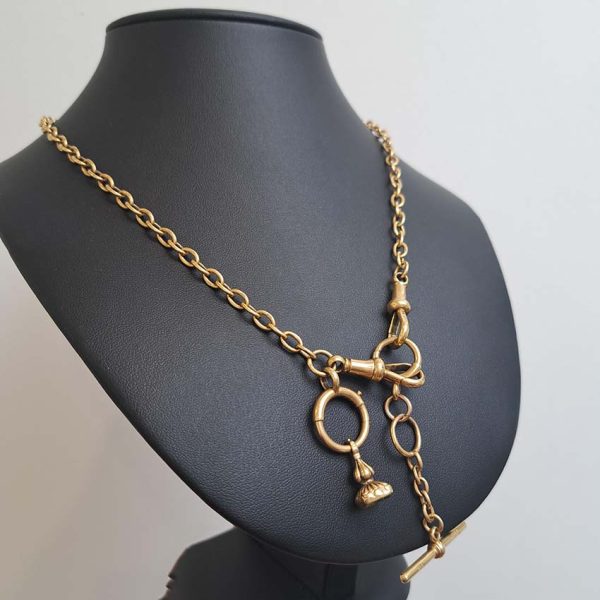 Antique 18ct Yellow Gold Albert Chain Necklace with T Bar, oval links chain with double lobster clasps with jump ring, T/Bar and seal pendant drops