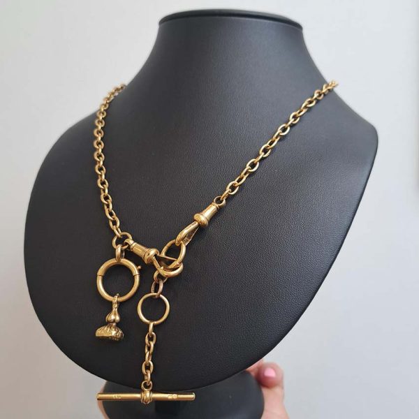 Antique 18ct Yellow Gold Albert Chain Necklace with T Bar, oval links chain with double lobster clasps with jump ring, T/Bar and seal pendant drops