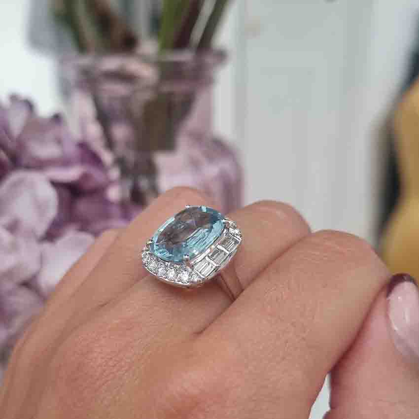 Contemporary 4.64ct Cushion Cut Aquamarine and Diamond Cluster Ring