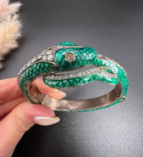 Vintage Green Enamel and 6ct Diamond Snake Bangle Bracelet, Vibrant green enamel and 6 carats of diamonds in silver upon gold Circa 1980s