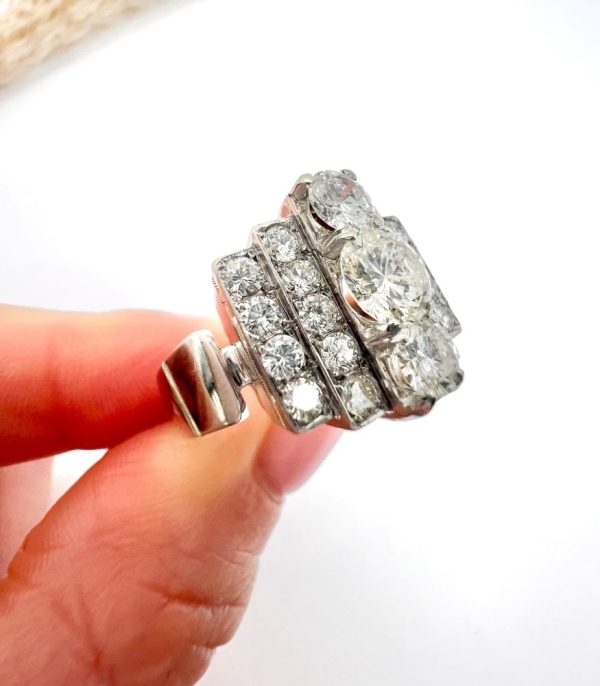 Vintage French 3.5ct Diamond Tiered Tank Cocktail Ring in 18ct White Gold and Platinum, Circa 1960s