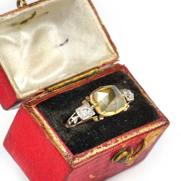 Rare Georgian 2ct Pointed Diamond Solitaire and Table Cut Diamond Trilogy Ring, 2ct high point flanked by table-cut diamonds in silver to rose gold
