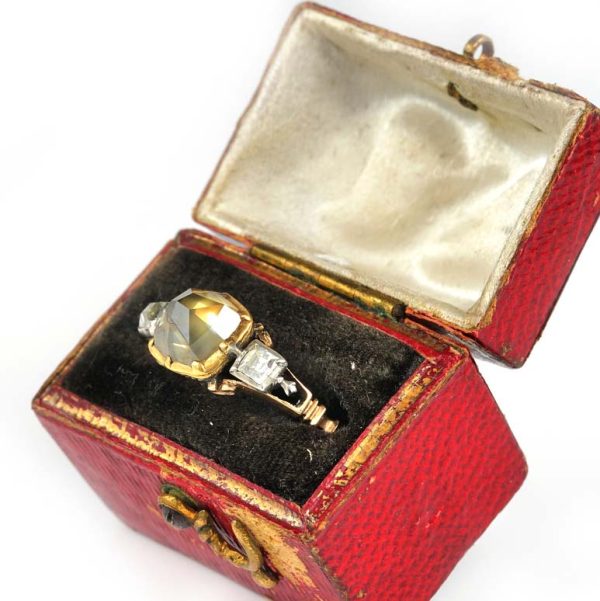 Rare Georgian 2ct Pointed Diamond Solitaire and Table Cut Diamond Trilogy Ring, 2ct high point flanked by table-cut diamonds in silver to rose gold