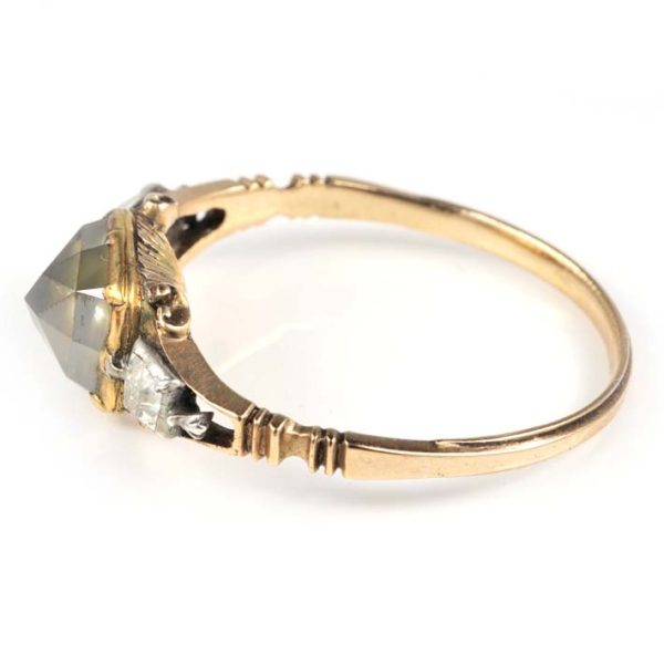Rare Georgian 2ct Pointed Diamond Solitaire and Table Cut Diamond Trilogy Ring, 2ct high point flanked by table-cut diamonds in silver to rose gold