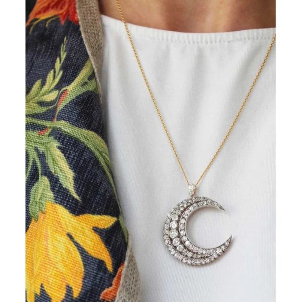 Victorian Antique Old Cut Diamond Crescent Moon Pendant, set with graduating rows of old-cut diamonds in silver-upon-gold, Circa 1890