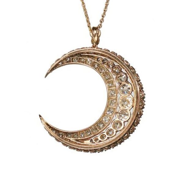 Victorian Antique Old Cut Diamond Crescent Moon Pendant, set with graduating rows of old-cut diamonds in silver-upon-gold, Circa 1890