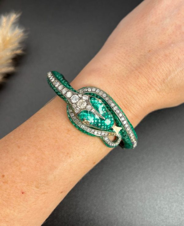 Vintage Green Enamel and 6ct Diamond Snake Bangle Bracelet, Vibrant green enamel and 6 carats of diamonds in silver upon gold Circa 1980s